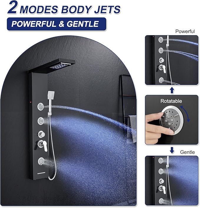 ROVATE LED Shower Panel Tower System with Rainfall Waterfall Shower, Black Shower Tower with Jets and Rainfall and Handheld, 5 in 1 Stainless Steel Shower Column High Pressure with Tub Spout