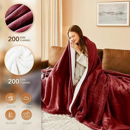 Homemate Electric Heated Blanket Twin - 62"x84" Heating Bed Blankets Throw with 10 Heating Levels 8 Hours Auto Off Fast Heating Over-Heated Protection Ultra Soft Warm Flannel ETL Certified Red