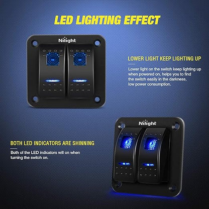 Nilight 90106B 2 Gang Rocker Switch Panel 5 Pin On Off Pre-Wired Rocker Switch Aluminum Panel Waterproof Switche Panel for 12V/24V Automotive Cars Marine Boats ATVs Trailers,2 Years Warranty , Blue
