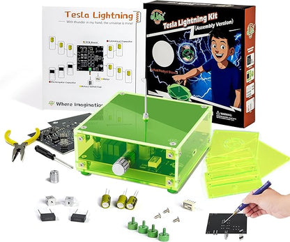eUda+ STEM Tesla Lightning Kit – Easy DIY Electronic Science Kit – Perfect Christmas STEM Gift for Kids – Fun Hands-On Learning & Building Toy (Soldering Version, Rectangular-Fluorescent Green)