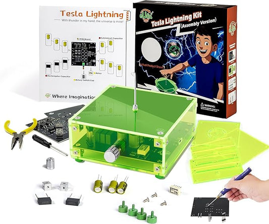 eUda+ STEM Tesla Lightning Kit – Easy DIY Electronic Science Kit – Perfect Christmas STEM Gift for Kids – Fun Hands-On Learning & Building Toy (Soldering Version, Rectangular-Fluorescent Green)