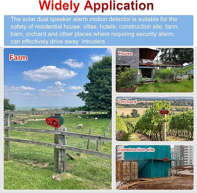 Solar Sound & Strobe Light Alarm Motion Sensor Siren, 13 Sounds & Recording, Dual Speaker 130dB Dog Barking Loud Noise Maker, Security Alert System for Home Farm Barn Villa Orchard (1 Pack)
