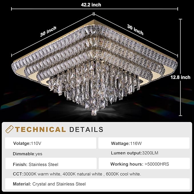 Elegant LED Gold Crystal Raindrop Ceiling Light,30 Inch Square Flush Mount Chandelier with Remote for Living Room Kitchen Island Bedroom Hallway Entryway Foyer (Dimmable)