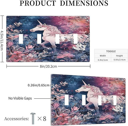Light Switch Cover Plate Fantastic Pink Unicorn Wildflower Forest 4 Gang Quad Toggle Wall Plate Electrical Outlet Cover Decorative Switch Plate Covers for Bedroom Kids room Decor