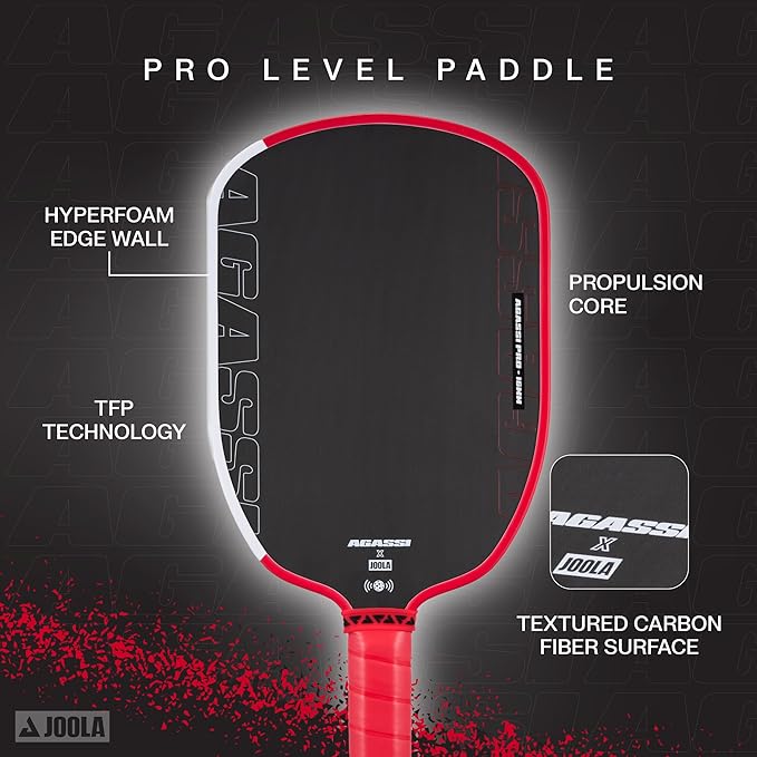 JOOLA Agassi PRO IV 16mm Pickleball Paddle w/Extended Sweet Spot - Carbon Fiber Surface Increases Spin & Control - SK Film for Power & Larger Sweet spot - UPA-A Certified - USAP Approved - NFC Chip