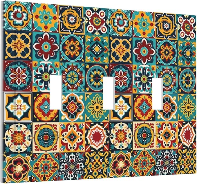 Decorative Switch Plates Mexican Talavera Colorful Mosaic Tiles 3 Gang Wall Plate Triple Toggle Light Switch Cover Faceplate Electrical Wall Panels For Bathroom Kitchen Decor