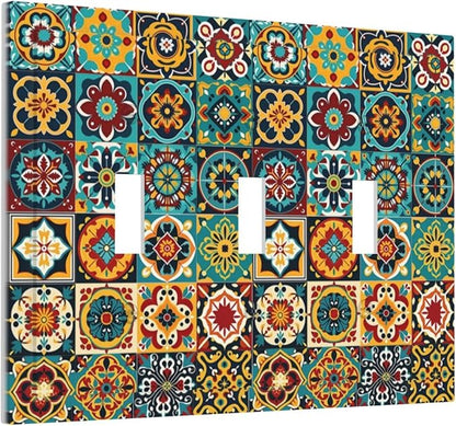 Decorative Switch Plates Mexican Talavera Colorful Mosaic Tiles 3 Gang Wall Plate Triple Toggle Light Switch Cover Faceplate Electrical Wall Panels For Bathroom Kitchen Decor