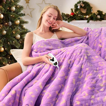 Leopard Print Heated Electric Blanket Full Size,72X84 Purple Heating Blanket with 10 Heats Levels & 8 Hours Auto Off,Cute Fleece Sherpa Blankets Warmer Gifts for Women Adults,Washable