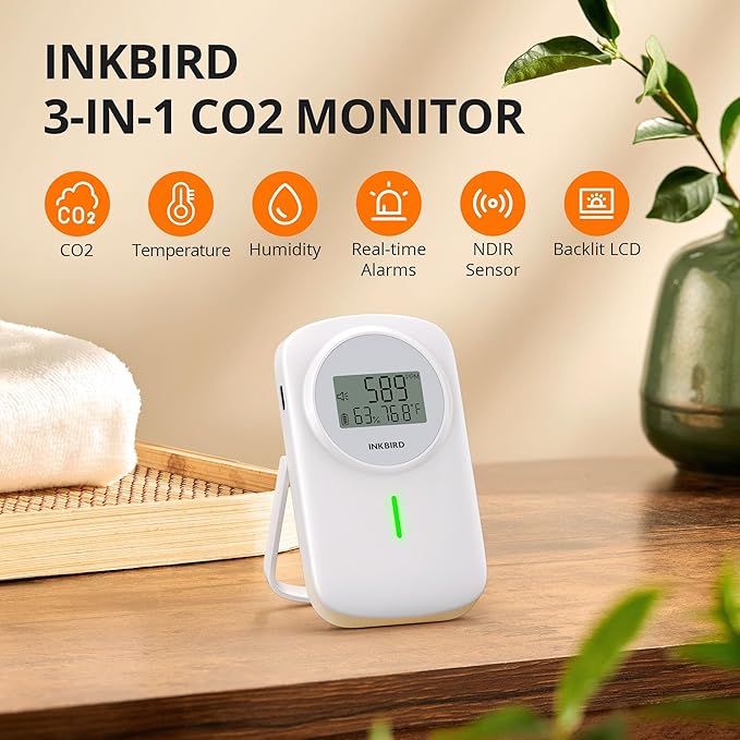 INKBIRD NDIR CO2 Detector Battery Powered | 3 in 1 CO2 Monitor Meter | Carbon Dioxide & Temperature & Humidity Air Quality Monitor Indoor | Dual Alarm System | for Home, Office, RV, Grow Tent (IAM-O2)