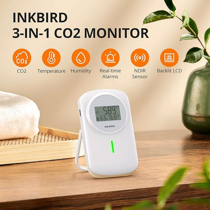 INKBIRD NDIR CO2 Detector Battery Powered | 3 in 1 CO2 Monitor Meter | Carbon Dioxide & Temperature & Humidity Air Quality Monitor Indoor | Dual Alarm System | for Home, Office, RV, Grow Tent (IAM-O2)