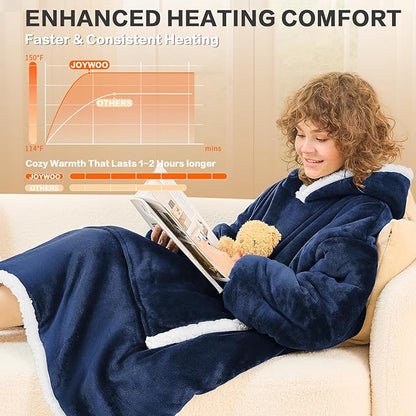 JOYWOO Wearable Heated Blanket Hoodie,Oversized Cordless Portable Heating Hooded Blanket Cat Lovers,Christmas Gifts for Women,Men,Cozy Sherpa Sweatshirt Electric Blankets Throw for Adult Outdoor,Navy