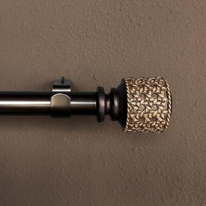 1-1/8 Inch Diameter Dark Bronze Curtain Rods with Faux Rattan Cane Woven Finials, 72-144'' Telescoping Single Curtain Rods for window width 68-140 inch, 1 pack