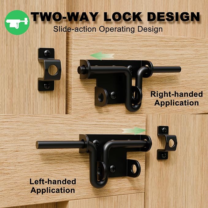 Heavy Duty Slide Bolt Gate Latch for Wooden Fence, 2 Way Barn Door Latch with Padlock Hole, Offset and Flush Mounted Gate Latch for Outdoor Gates/Yard Fence/Shed Door, Black, 1 Pack