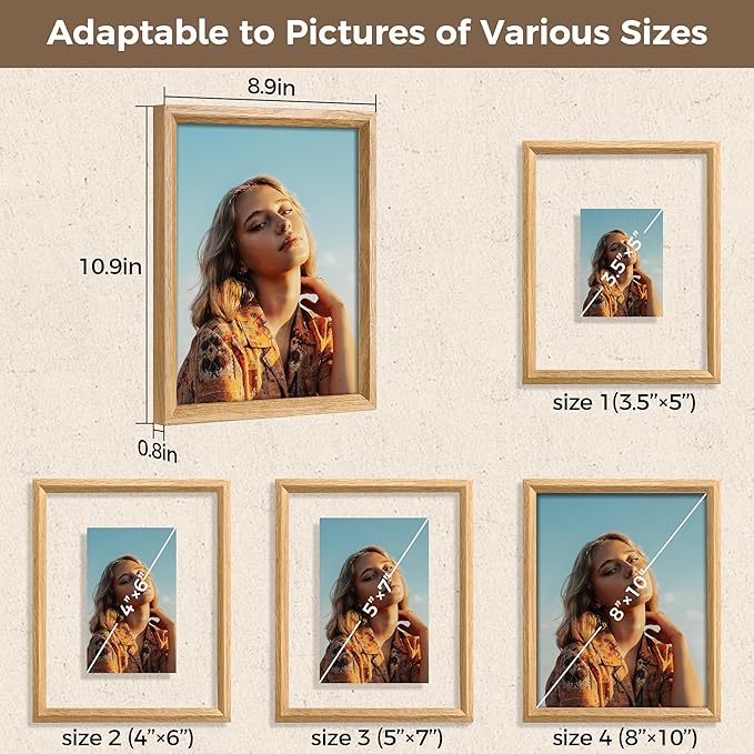 Axeman 8x10 Floating Picture Frame - Solid Oak Wood Picture Frame, Double Tempered Glass Photo Frame 2x3 4x6 5x7 6x8 8''x10'' Wood Frame, Wall Mount Or Tabletop Standing, Natural
