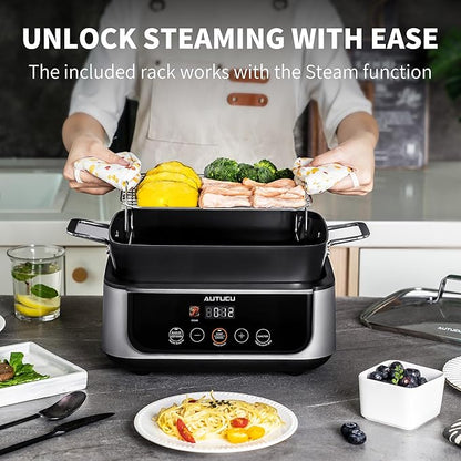 Slow Cooker 7 Quart | Programmable Multi-Cooker PFOA-Free Ceramic Coating, Steamer, Sear sauté, Warm Function (Includes Silicone Spoon)