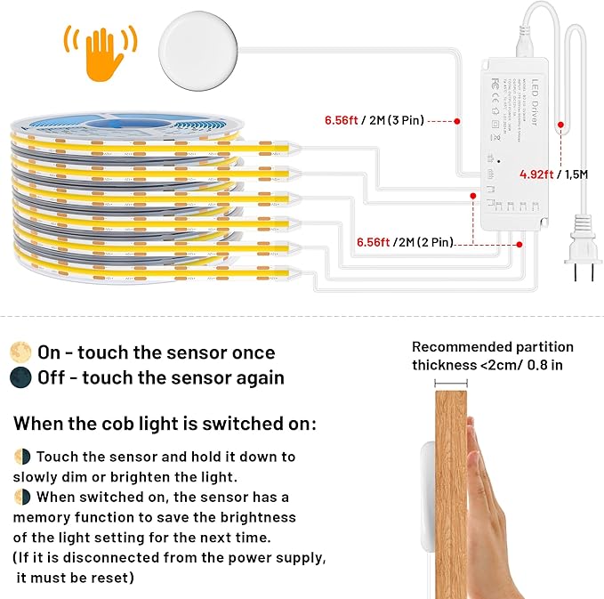 Lichaser 3.28ft COB LED Strip Light, 6 Rolls of 3000K Flexible COB LED for Acoustic Panel and Wood Slat Wall Panels Parallel with Dimmable Touch Sensor Switch, Cuttable for Wood Slat Lighting, Shelf