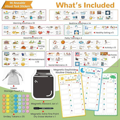 JJPRO Magnetic Bedtime/Morning/Daily Routine Chart for Kids with Reward Jar-Morning Routine Chart,Daily Checklist Reward Chart for Toddlers,Reward Jar for Kids,Cute Visual Schedule Board for Home