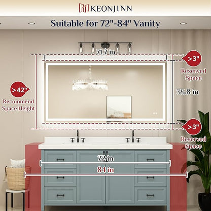 Keonjinn 72" x 36" Lighted Mirror for Bathroom Wall, LED Mirror with Frontlit & Backlit, Large Bathroom Mirror with Lights, Dimmable 3-Color Lights, HD Tempered Glass, UL-Listed LED Driver