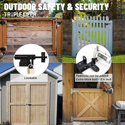 TRIPLE DEER Heavy Duty Sliding Bolt Gate Latch with Padlock Hole & Carriage Bolt, Slide Bolt Hardware for Wooden Fence/Yard Fence/Shed Door/Barn Door, Black, 2 Pack