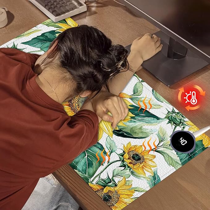 Heated Mouse Pad, Warm Desk Pad, Keyboard Mat 23.6 x 14 Inch Large Size Intelligent Fast Heating, 3 Speed Adjustable, Timed Auto Power Off for Game Office Home, Blooming Sunflowers