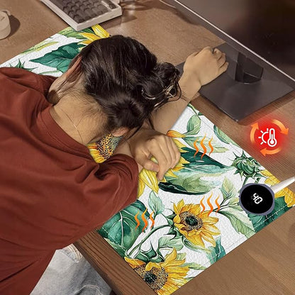 Heated Mouse Pad, Warm Desk Pad, Keyboard Mat 23.6 x 14 Inch Large Size Intelligent Fast Heating, 3 Speed Adjustable, Timed Auto Power Off for Game Office Home, Blooming Sunflowers