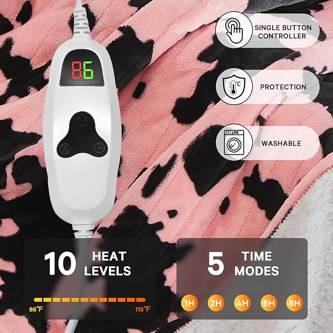 Cow Print Heated Electric Blanket Twin Size,62X84 Light Pink Heating Blanket with 10 Heats Levels & 8 Hours Auto Off,Highland Cow Fleece Sherpa Blankets Warmer Gifts for Women Adults,Washable