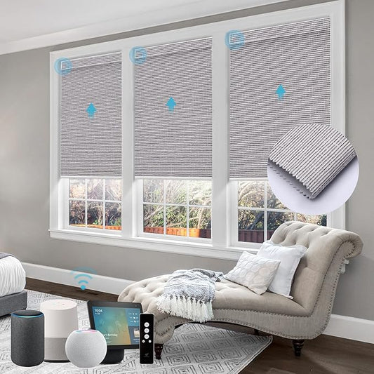 SmartWings Motorized Roller Shades Work with Homekit, Alexa Google, 100% Blackout Smart Blinds for Windows, Cordless Remote Control Window Shades, Safari Rock Grey, Customized Size