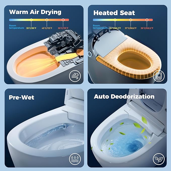 Smart Toilet with Bidet built in, Bidet Toilet with Water Filtration, Pump assisted, Auto Open/Close/Flush, Blackout Flush, Nano Self-Cleaning Glaze, Auto Deodorizer, ADA Comfort Height