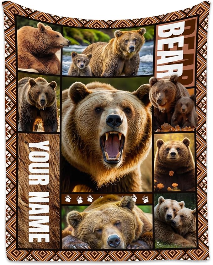 Personalized Blankets for Dad, Custom Bear Blanket Gifts for Men Boys Adults, 50"x60" Forest Animal Throw Gift for Hunters - Soft, Fuzzy & Cozy Flannel Throws Wildlife Country Decor