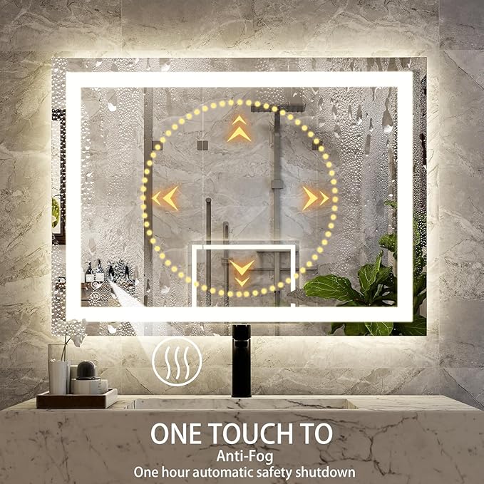 32'' x 24'' LED Bathroom Mirror with Lights, Wall Mirror with Front and Backlight, 3 Colors Vanity Mirror with Lights, Anti-Fog Wall Mirror for Bathroom