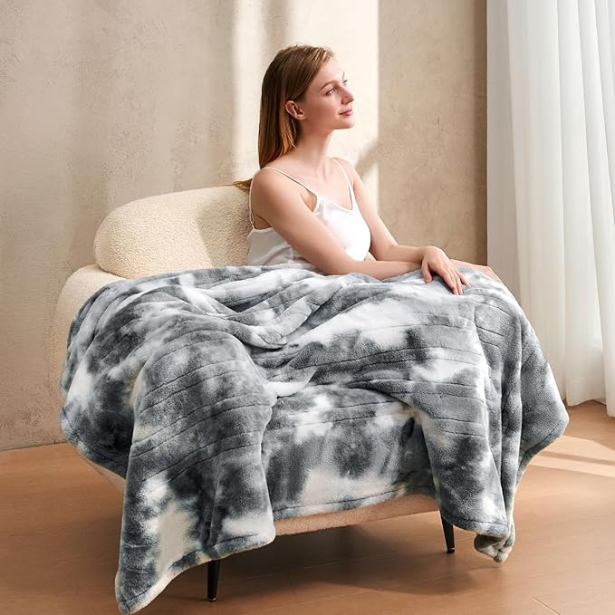 Electric Heated Blanket 84"x90",Luxury Grey Faux Fur Electric Queen Blanket,Fast Heating Soft Fluffy Thick Electric Blanket with 6 Heating Levels & 12H Auto Off