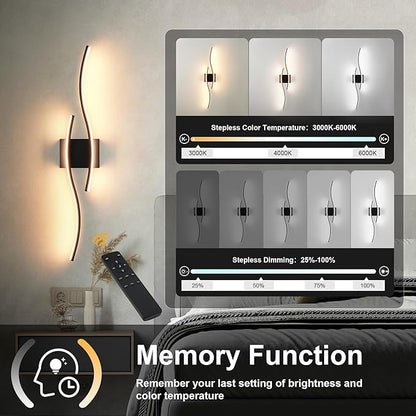 Battery Operated Wall Sconces Set of Two with Remote Control, Dimmable/3 Color/Night-Light/Timer/Memory, Black Modern Wireless LED Sconce for Living Room, Hallway, Bedroom, 31.4 Inch (2 Pack)