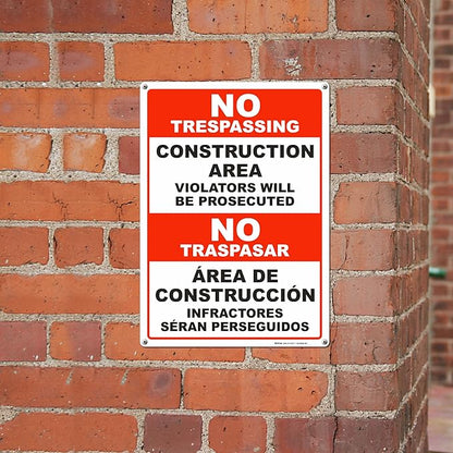 Brimar - 10" x 14" - Bilingual Construction Area Violators Will Be Prosecuted Sign - .055″ Polyethylene Plastic - Bold Text And Symbol - Easy Installation