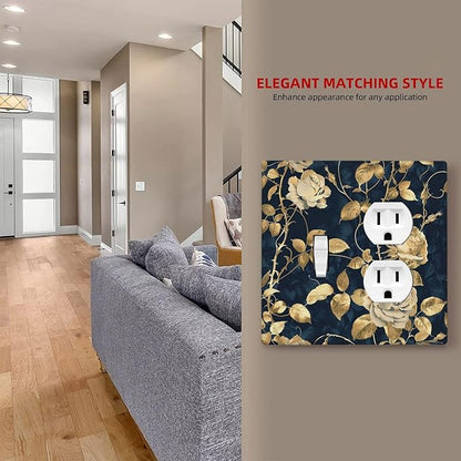 Wallplates Boho Vintage Floral Golden Flower Dark Blue Background 1 Toggle 1 Duplex Switch Plate Electrical GFCI Faceplate Decorative Light Switch Covers for Bedroom living Room Decor