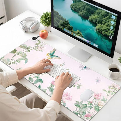 Heated Desk Pad Mouse Pad 31.5x13 Inch PU Leather Desk Mat with 3 Heat Levels Large Mouse Gaming Computer Laptop Mat Pink Spring Rose and Dragonfly Butterfly