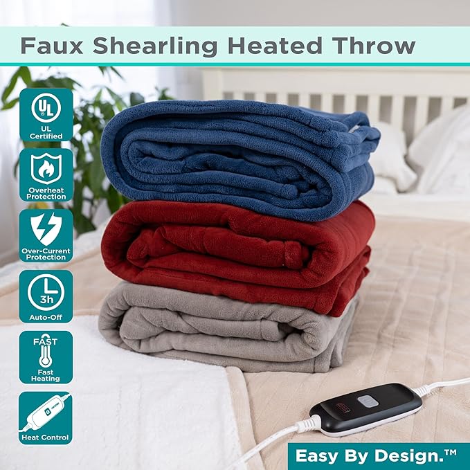 BLACK+DECKER Heated Blanket Electric Throw, Faux Shearling Electric Blanket, Heating Blanket with 4 Heating Levels, 3H Timer, Auto Shutoff, Fast Heating (50x60 inches, Cream)