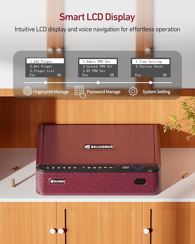 BILLCONCH Smart Gun Safe with Security Cable - Biometric Gun Safe for Handgun 4 Ways Quick Access with Fingerprint/Keypad/Key/APP Lock for Bedside Home Car with LCD/Voice Guide - Burgundy Red