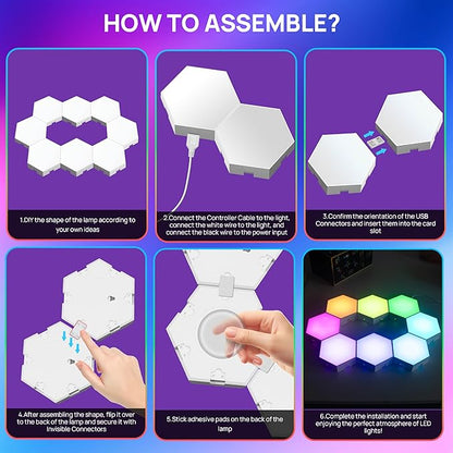 KORORO Hexagon LED Lights - 8 Pack Smart APP RGB Gaming Light with Remote Control & Music Sync Honeycomb Shape Hex Lights for Bedroom, Living Room Wall, Gaming Decor
