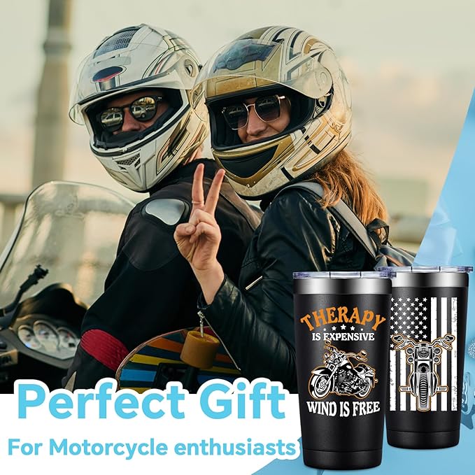 Fufandi Motorcycle Gifts for Men - Therapy Is Expensive Wind Is Free Motorcycle Gifts Tumbler - Christmas Fathers Day Gift for Motorcycle Lovers, Dad, Boyfriend - Tumbler Cup 20oz