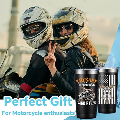Fufandi Motorcycle Gifts for Men - Therapy Is Expensive Wind Is Free Motorcycle Gifts Tumbler - Christmas Fathers Day Gift for Motorcycle Lovers, Dad, Boyfriend - Tumbler Cup 20oz