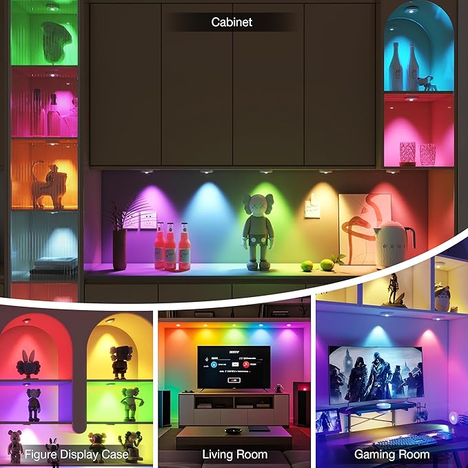 RGB Puck Lights with Remote Control, 2000mAh Battery Operated Tap Lights Rechargeable, 9 Colors & 2 Dynamic Changing Under Cabinet Lighting, Magnetic Stick on Light for Closet(Silver, 5 Pack)