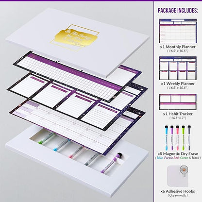 Magnetic Whiteboard for Fridge - Large Dry Erase Calendar for Wall | 2 Magnetic Dry Erase Board 10.5" x 16.5" & 7" x 16.5", Monthly Goal Setting & Habit Tracker, 5 Markers and 6 Adhesive Hooks