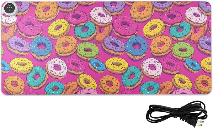 Heated Desk Pad Mouse Pad 31.5x13 Inch PU Leather Desk Mat with 3 Heat Levels Large Mouse Gaming Computer Laptop Mat Cute Donuts Colorful