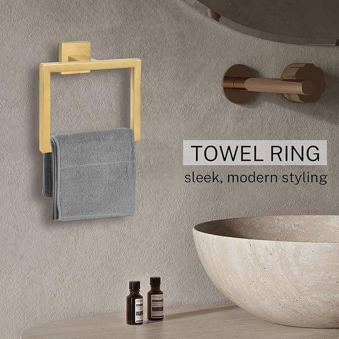 Brushed Gold Towel Ring,Square Hand Towel Holder,Towel Hanger, Bathroom Hardware Accessories,Stainless Steel Wall-Mounted Towel Rack