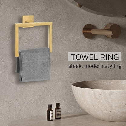 Brushed Gold Towel Ring,Square Hand Towel Holder,Towel Hanger, Bathroom Hardware Accessories,Stainless Steel Wall-Mounted Towel Rack
