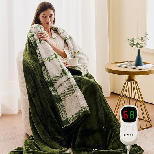 Heated Electric Blanket Throw Size - 50"x60" Flannel Heating Blanket with 10 Heating Levels & 5 Time Settings Over-Heat Protection, Winter Warmer for Adults with ETL Certification（Green）