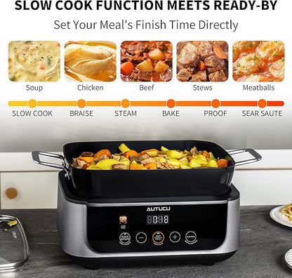 Slow Cooker 7 Quart | Programmable Multi-Cooker PFOA-Free Ceramic Coating, Steamer, Sear sauté, Warm Function (Includes Silicone Spoon)