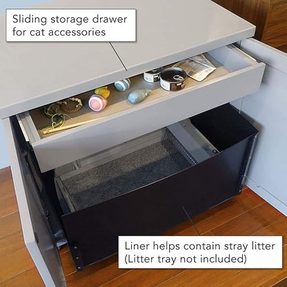 THE REFINED FELINE Cat Litter Box Enclosure Cabinet, Farmhouse, Smoke Gray, Tulip Feet, XLarge, Hidden Litter Cat Furniture with Drawer
