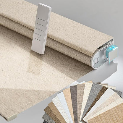 Persilux Smart Motorized Blinds with Remote, No Drill Automatic Roller Shades for Indoor Windows, Light Filtering Linen Fabric, Electric Blinds for Windows, Linen Beige C156-2, Custom Size