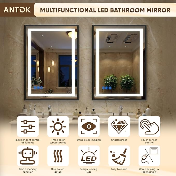 Antok 72X32 LED Bathroom Mirror with Lights, Vanity Mirror for Wall with Black Frame, Touch Control, Anti-Fog, Dimmable Lights, Shatter-Proof, Memory Function, Wall-Mounted Vanity Mirrors